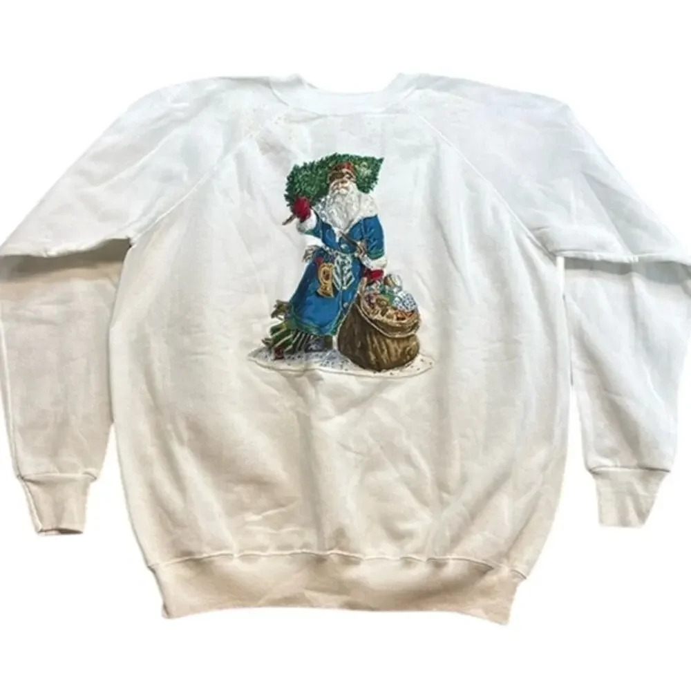 Vintage Santa Clause Ugly Christmas Holiday White Cotton Sweatshirt Size Large